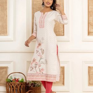 White cotton a-line kurta with digital print