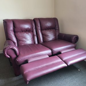 Leather burgundy twin recliner sofa