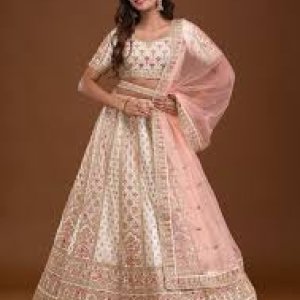 Cream zariwork raw silk readymade lehenga